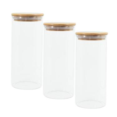 Imagem de Potes De Vidro p/ Mantimentos 800ml c/ Tampa Bambu - 3 pçs