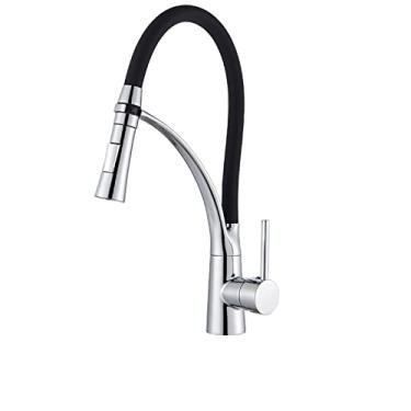 Imagem de Acabamento em preto e cromado Torneira de cozinha Montagem em convés Extrair Bico de pulverizador duplo Quente & Torneiras misturadoras de água fria para pia de cozinha, cromo, China