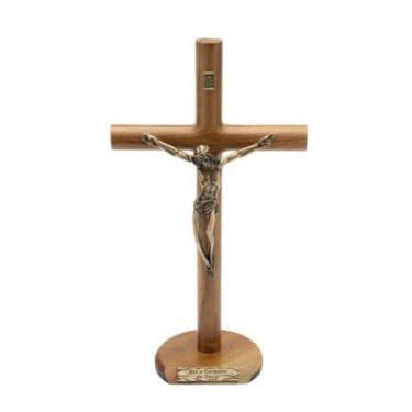 Imagem de Crucifixo Madeira Cilindrico Mesa 26 cm - Eis o Cordeiro de Deus