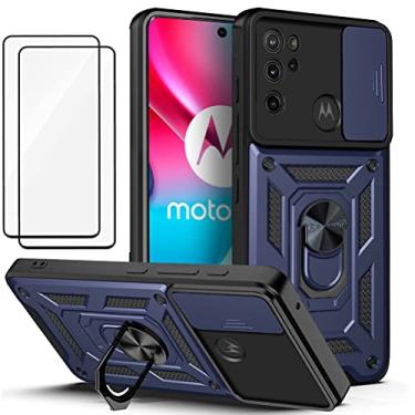Imagem de Capa para Motorola Moto G60S Capinha | com 2 protetores de tela temperados, janela deslizante de proteção da câmera integrada e suporte para telefone - Azul
