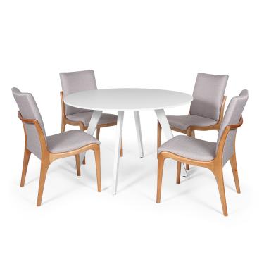 Imagem de Conjunto Mesa de Jantar Redonda Júlia 120cm Branca com 4 Cadeiras Estofada em Madeira Garbo Cinza Claro