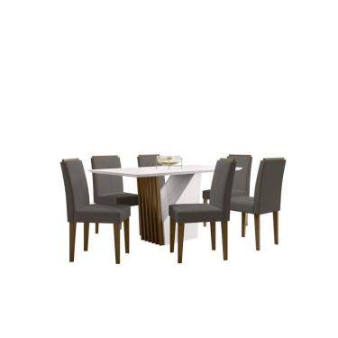 Imagem de Conjunto Sala de Jantar Veneza 1,60m x 0,90m e 6 Cadeiras Amanda Imbuia / Off White / Veludo Cinza - New Ceval