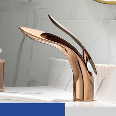 Imagem de Torneira para lavatório em ouro rosa com cascata Torneira para lavatório com furo único Torneira para lavatório com água fria e quente Torneira misturadora para lavatório,4