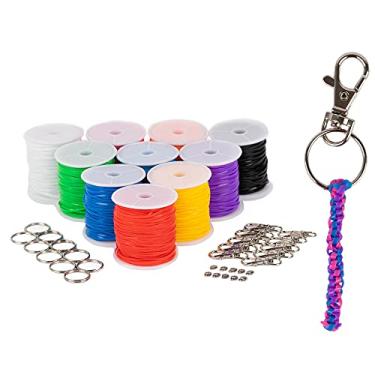 Imagem de Kit de artesanato de renda de plástico com anéis divididos, clipe de cordão e ganchos giratórios redondos – 10 carretéis de renda de plástico, 9,5 metros por carretel (100 metros de renda no total) – 30 peças no total