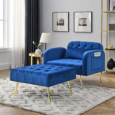 Imagem de Chaise Lounge Cadeira para Quarto, Sofá-Cama Individual de Veludo com Encosto Ajustável, Cadeira de Dormir Conversível 2 em 1 Interior, Cadeira Tufada Moderna com Almofada e Otomano para Sala de Estar Escritório