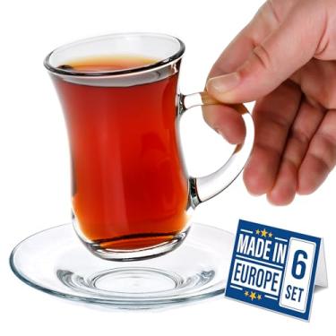 Imagem de Volarium Conjunto de 12 copos e pires turcos modernos de chá turco, 6 peças, 145 cc, copos de chá de vidro transparente com alça e 6 unidades de pires de vidro