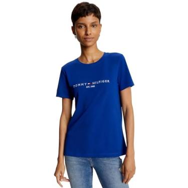 Imagem de Tommy Hilfiger Camiseta feminina de algodão de desempenho – Camisetas estampadas leves, Logotipo bordado azul meia-noite., M