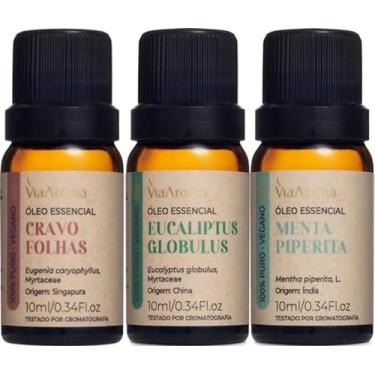 Imagem de Kit 3 Óleos Essenciais Via Aroma 100% Puros Clássicos Naturais Para Difusor, Massagem e Aromaterapia Escolha o seu (Menta Piperita+Eucalipto Globulus+Cravo Folhas)