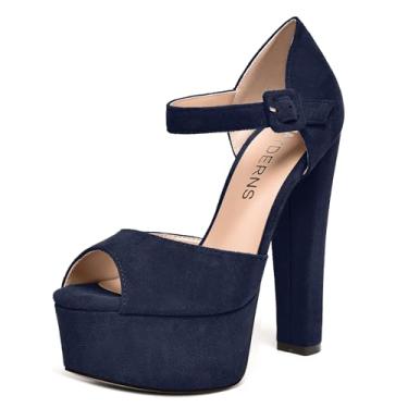 Imagem de WAYDERNS Sapato feminino peep toe tira no tornozelo camurça sólida fivela casamento plataforma vestido bloco salto alto sapatos 6 polegadas, Azul marinho, 7