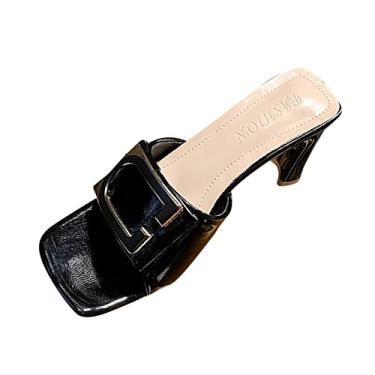 Imagem de Sandálias femininas moda nova primavera verão salto grosso salto quadrado confortável bico quadrado sandálias de pele de cobra para, Preto, 6.5