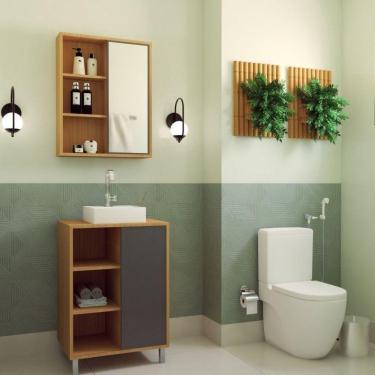 Imagem de Gabinete de Banheiro 60cm Julia com Balcão 1 Porta Correr e Espelheira sem Cuba Mel/Grafite