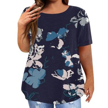 Imagem de Plus size verão topos para mulher 2023 o pescoço manga curta gráfico impresso solto túnica blusas casuais Camiseta Na moda Básico Camiseta listrado Camiseta flor floral B96-Azul escuro X-Large