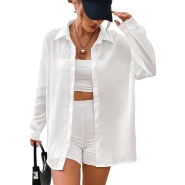Imagem de Floerns Blusa feminina transparente com ombro caído, manga comprida, gola e botões soltos, Creme branco, PP
