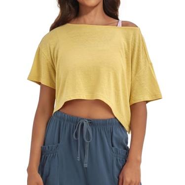 Imagem de MISSACTIVER Camiseta feminina de manga curta com ombros de fora e gola canoa folgada para treino de verão, Amarelo, P