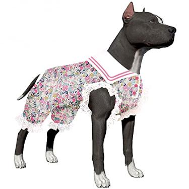 Imagem de LovinPet Pijama de cachorro grande para meninos - Pijama para cães de recuperação de feridas/cirurgia, camiseta leve para cães grandes, estampa de jardim de flores de primavera, roupas Pitbull para