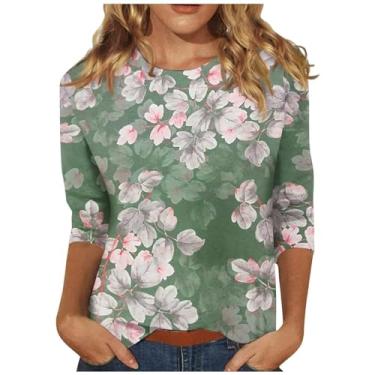 Imagem de Camiseta feminina com estampa floral, casual, manga três-quartos, roupas de verão para sair, Bege, P