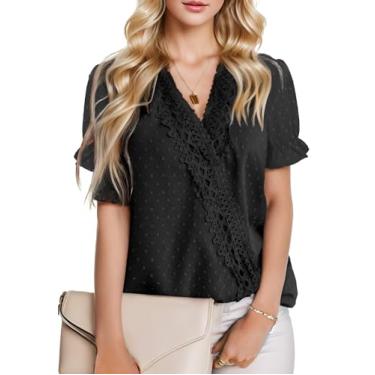 Imagem de Cnlinkco Blusas de chiffon para mulheres tops de trabalho blusas de manga curta decote em V camisa de renda tops de ponto suíço preto P, Preto, GG