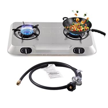 Imagem de Fogão a gás de 2 queimadores a propano, fogão portátil de aço inoxidável, acampamento de ignição automática GLP duplo para trailer, apartamento, ao ar livre