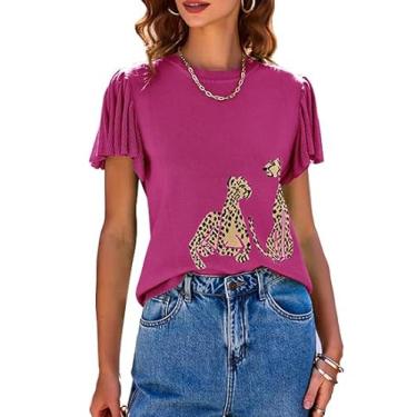 Imagem de Saodimallsu Blusa feminina de manga curta com babados, estampa de guepardo, leve, gola redonda, top de malha cropped de verão, Vermelho rosa, G