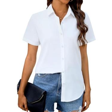 Imagem de siliteelon Camisas femininas de chiffon de botão de manga curta para mulheres, casuais, abotoadas, blusas, Todo branco, M