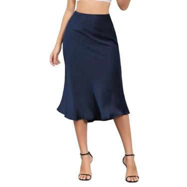 Imagem de ALCEA ROSEA Saia feminina midi cetim seda elástica cintura alta evasê elegante saia de casamento AR7302, Azul marino, M