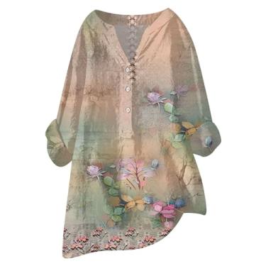 Imagem de Camiseta feminina de algodão e linho, estampa floral, manga comprida, abotoada, gola V, casual, folgada, Ouro rosa, P