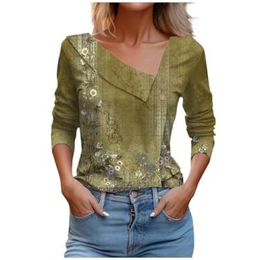 Imagem de Camiseta feminina com estampa floral vintage assimétrica com botão de lapela e manga comprida, Caqui, M