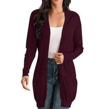 Imagem de Casaco feminino de malha cardigã de manga comprida grande jaqueta solta top aberto na frente suéter cardigã casaco casaco, Vinho, XGG