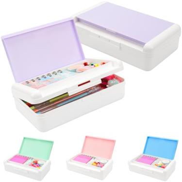 Imagem de SFLHHDM Caixa de lápis para organizador de material de escritório, caixa de lápis de grande capacidade de camada dupla, caixa de giz de cera de plástico com tampa de encaixe, estojo empilhável para