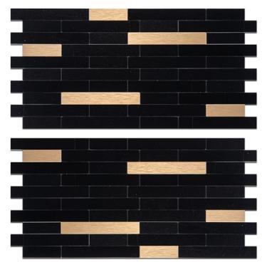 Imagem de StyloVue 2 folhas de revestimento de azulejo descascar e colar, preto com aparência de metal dourado em azulejo, melhore o fundo da sua cozinha, trailer, lareira