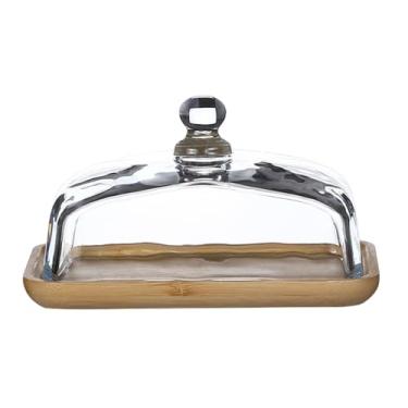Imagem de Suporte retangular para bolo, prato para servir com tampa, suporte de bolo de madeira de 18 cm com tampa de vidro, prato de exibição de cupcake, suporte de sanduíche com base, suporte de donut para