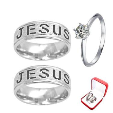 Imagem de Par Alianças Prata Namoro Anel Jesus 6mm + Anel Solitário Prata 2mm Zi