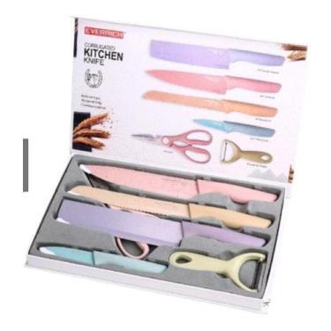 Imagem de Kit Jogo Facas 6 peças Inox Descascador Tesoura Churrasco Cozinha Faqu