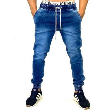 Imagem de calça jeans jogger masculina jeans rasgado, sarja com elastico e bolso