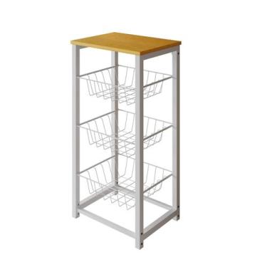 Imagem de Fruteira de Chão Cozinha Desmontada Aço Branco Cesto Branco Tampo Cane