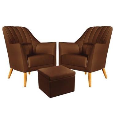 Imagem de Kit 2 Poltronas Orion Bordada com Puff Quasar Para Sala de Estar Couro