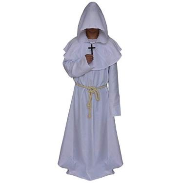 Imagem de LHJ Roupão de frade medieval monge renascentista com capuz fantasia cosplay, Branco, G