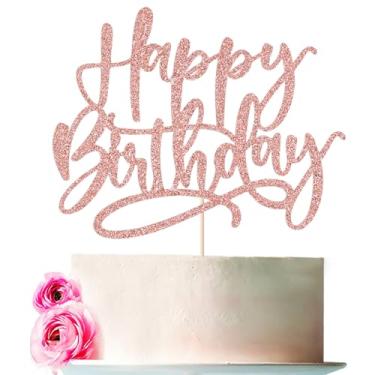 Imagem de bejotaa Topo de bolo de feliz aniversário com glitter, decoração de festa de celebração de aniversário, suprimentos de decoração de festa de bolo de aniversário (preto)