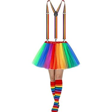 Imagem de Sintege 3 peças de fantasia de tutu feminina, saia tutu de tule de 5 camadas e alças elásticas ajustáveis nas costas meias listradas, Arco-íris, Tamanho Único