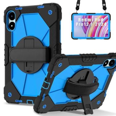 Imagem de Doemoil Capa para Xiaomi Redmi Pad Pro 30.7 cm/Xiaomi Poco Pad 30.7 cm com suporte/alça de mão/rotação/alça de ombro (preto/azul)