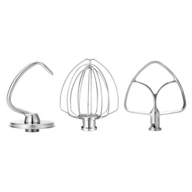 Imagem de Wiselet Acessórios de aço inoxidável para batedeira de cabeça inclinada KitchenAid 4,5-5 Qt, inclui batedor de 6 fios, batedor plano, gancho de massa para KitchenAid, lavável na lava-louças e