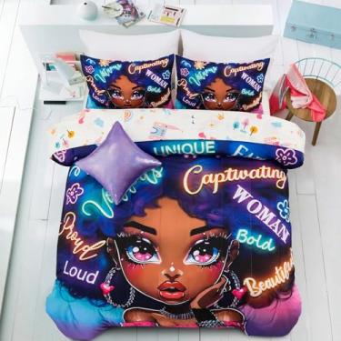 Imagem de A Nice Night Conjunto de edredom infantil de 6 peças, estampa de roupa de cama infantil para meninas negras com estampa de roupas modernas, casal