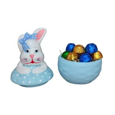 Imagem de Coelho Pote - Feliz Pascoa - Porta Bombons Azul Menino Laço - Decore C