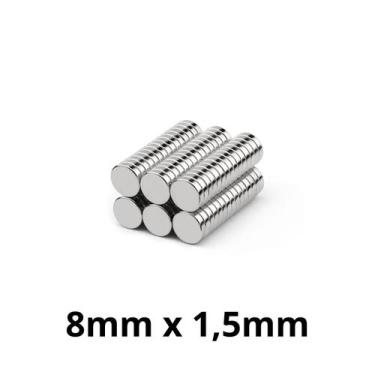 Imagem de Kit 100 Imã Neodímio Disco Magnético N35  8x1,5 mm Super Forte Potente