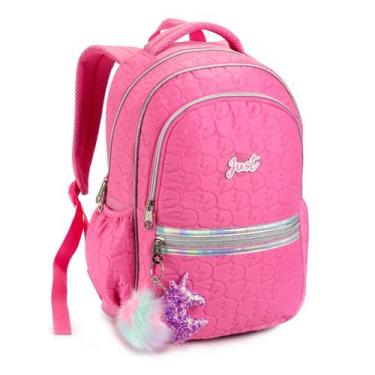 Imagem de Mochila Feminina Escolar Passeio Pompom Chaveiro Denlex, Rosa