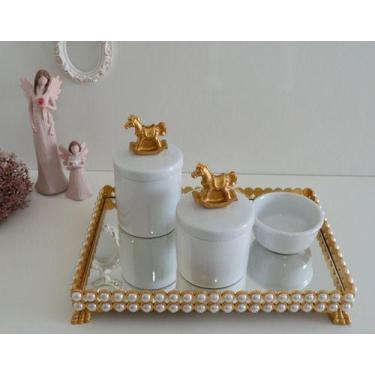 Imagem de Kit Higiene Bebê Porcelana Bandeja Perola Cotonete Potes K036 - Cirand