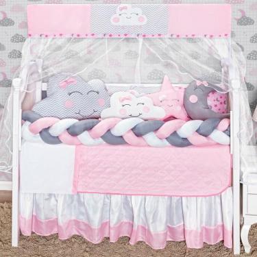 Imagem de Kit enxoval de berço 12 peças nuvem estampada com trança e lateral  - 
