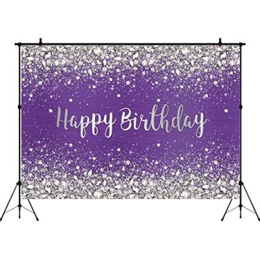 Imagem de Aperturee 2,7 cm x 1,8 m com glitter de diamantes roxos feliz aniversário pano de fundo brilhante com bolinhas de bokeh prateadas para mulheres, meninas, decoração de festa doce, banner de mesa de bolo, suprimentos para estúdio de cabine fotográfica