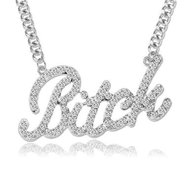 Imagem de Colar Q&Q Fashion Celebrity Urban Big Bling Bitch Colar Palavra Cristal Pave Strass Corrente Grossa Melhor Amizade Joia BFF Presente