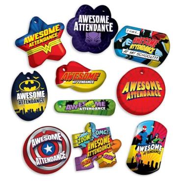 Imagem de Awesome Attendance Heroes Brag Tag Pacote econômico para melhorar a frequência escolar e sala de aula: 250 etiquetas (25 etiquetas para cada design) + 75 correntes de segurança de alumínio